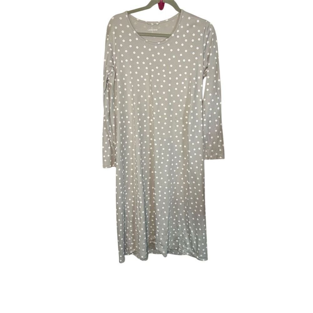 Lands' End Women's Standard L Gray Polka Dot Knee Length Long Sleeve Dress